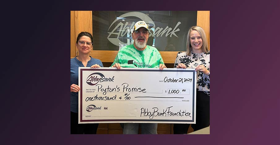 AbbyBank Foundation check presentation to Peyton's Promise