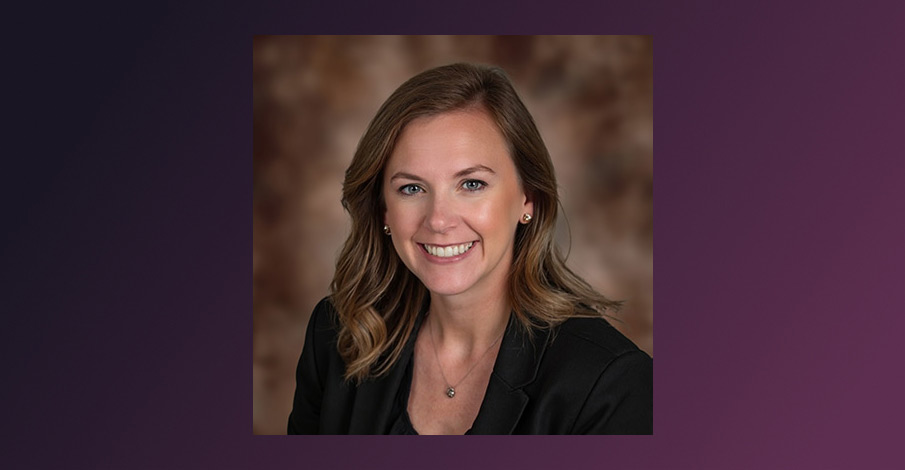 headshot of Brittany Help, Commercial Lender AbbyBank Green Bay Loan Production Office on dark purple gradient background