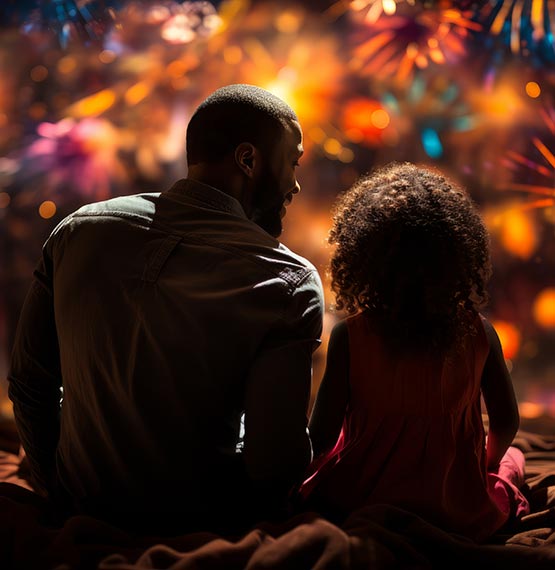 father and child enjoying watching fireworks 