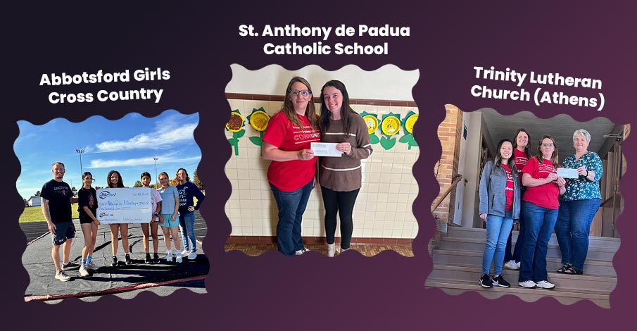 three images from check presentations in Abbotsford and Athens from AbbyBank Foundation Fall 2025 grants, all on a gradient purple background
