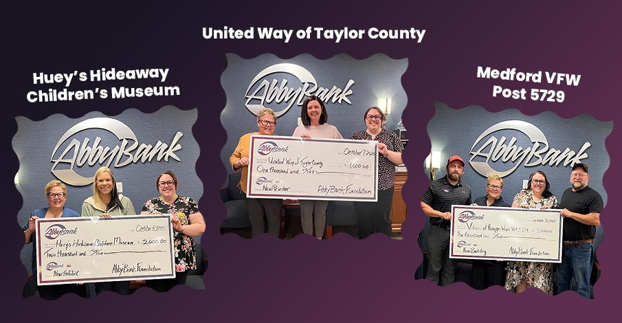 three images from check presentations in Medford from AbbyBank Foundation Fall 2025 grants, all on a gradient purple background