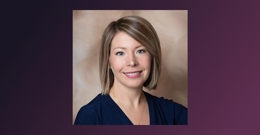 square cropped headshot photo of Samantha Tesmer, new CFO for AbbyBank on a gradient purple background