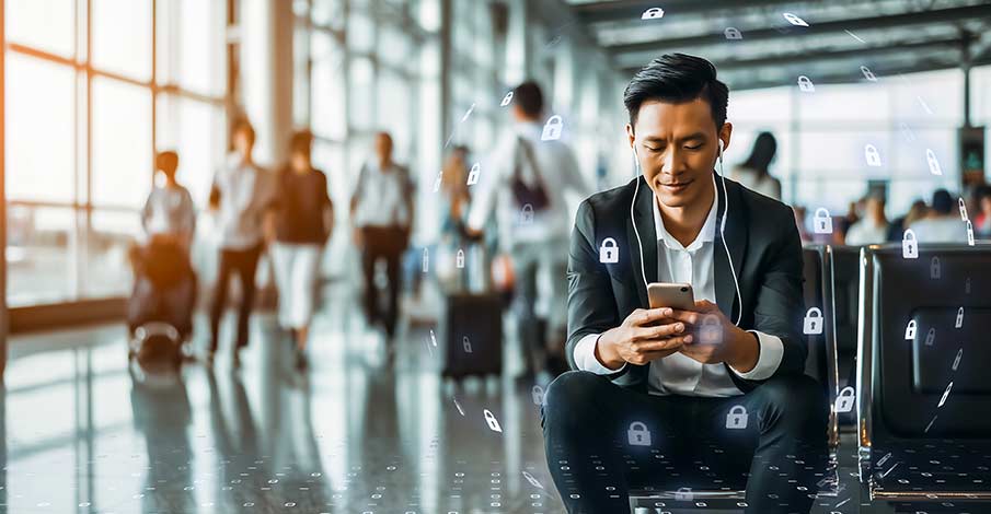 man using smartphone at airport - cybersecurity concept with lock bubble surrounding the man