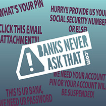 blue gradient background with scam phrases in purple and a large "Banks Never Ask That.com" logo in white overtop everything