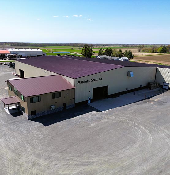 aerial view from drone of the outside of the AgState Steel building in Curtiss, WI