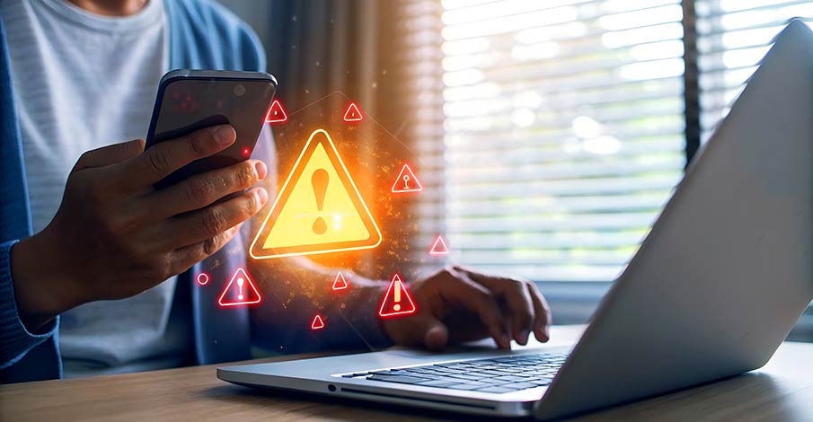 person on laptop and mobile phone with several fraud warning exclamations.