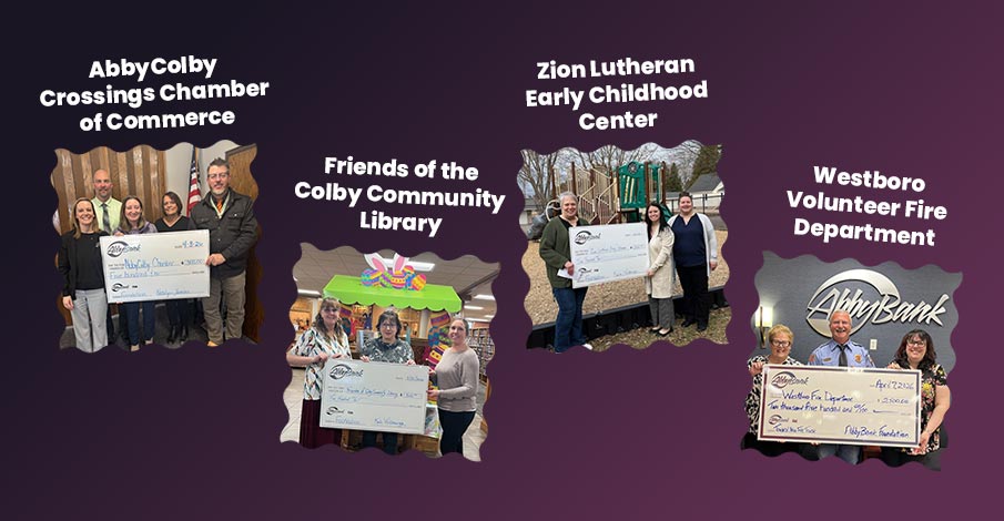 four images from AbbyBank Foundation Spring 2026 Grant Donations in Clark and Taylor County on gradient purple background