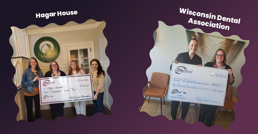 check presentations to Hagar House and Wisconsin Dental Association for AbbyBank Foundation Spring 2025 donations on a purple gradient background