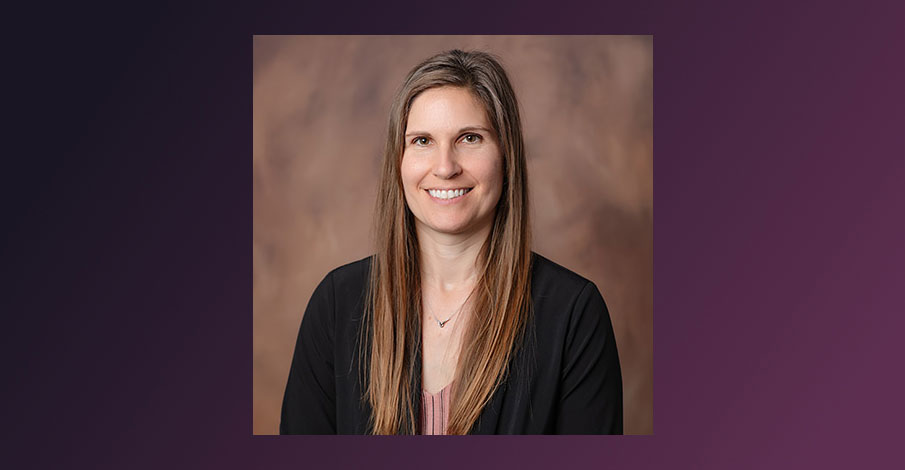 headshot of Rebecca Kuczer, Branch Manager for AbbyBank in Shawano on a dark purple gradient background