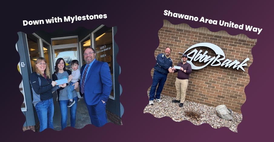 Collage of two images from AbbyBank Foundation donations in the Shawano area in the spring of 2025, on a dark purple to eggplant gradient. One image is Down with Mylestones and the other is Shawano Area United Way. 