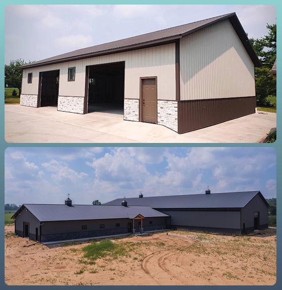 image collage showing custom garage and large custom shed built by Quality Construction in Bonduel, WI