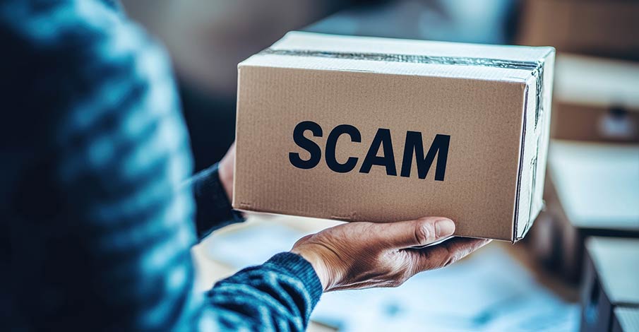 person holding a package that has the words "SCAM" on it as a brushing fraud scam concept 