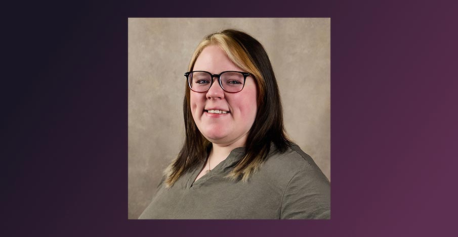 headshot of Courtney Tarvas on gradient purple background