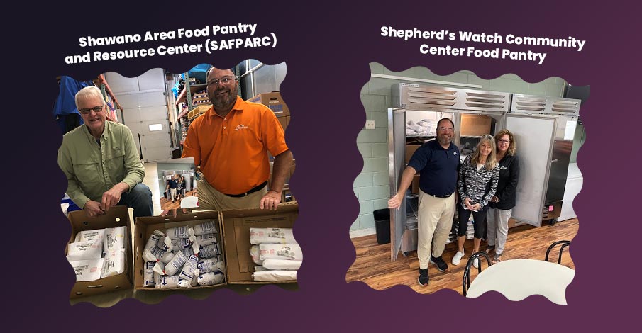 two images, one from a pork donation to SAFPARC in Shawano from AbbyBank and another with a pork donation to the Food Pantry at Shepherd's Watch Community Center on a gradient purple background