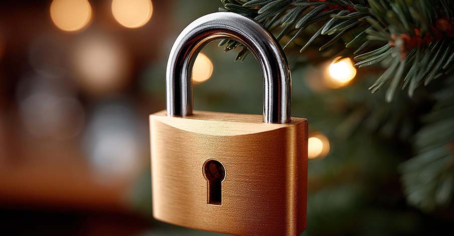 padlock hanging on Christmas tree symbolizing staying safe from scams during the holiday season