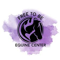 black Free to Be Equine Center logo icon over purple paint splotch background