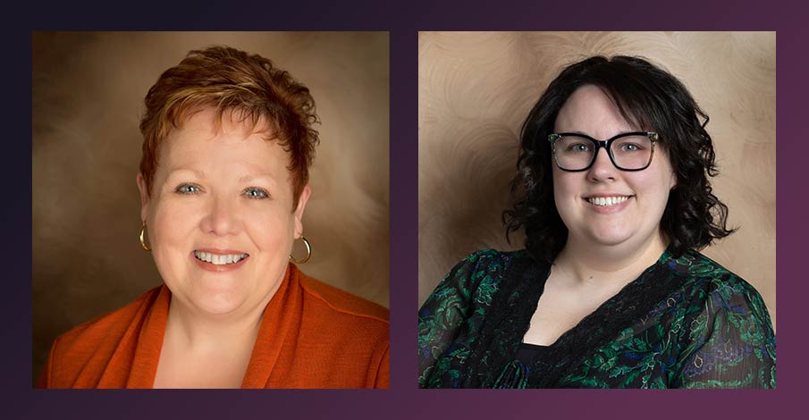 headshots of Sue Ackerman, Branch Manager for AbbyBank Medford and Withee branches on the left and Autumn Kuske, Assistant Branch Manager for AbbyBank in Medford on the right, both pictured on a gradient purple background