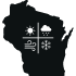 black Wisconsin icon showing different weather conditions including sun, rain, wind, and snow