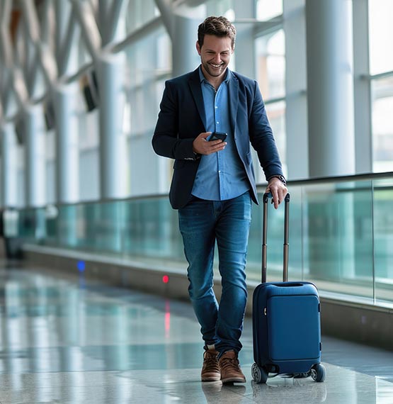 happy business man traveling with suitcase in airport looking at phone