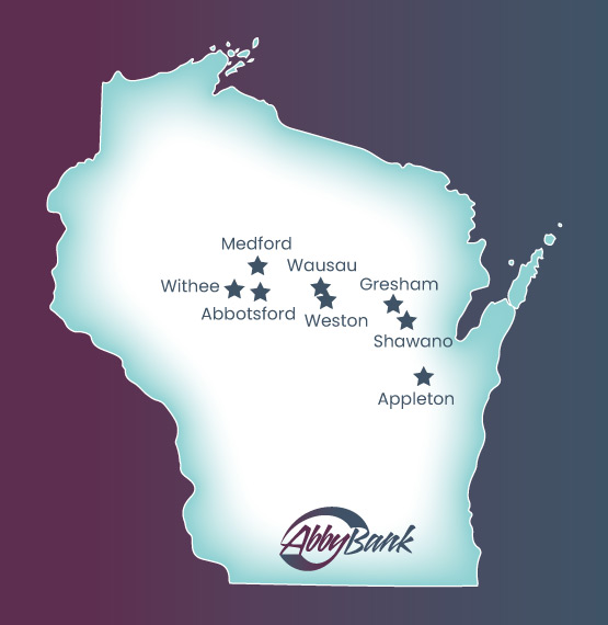 state of Wisconsin outline on gradient eggplant and blue background, showing stars and city names of AbbyBank locations